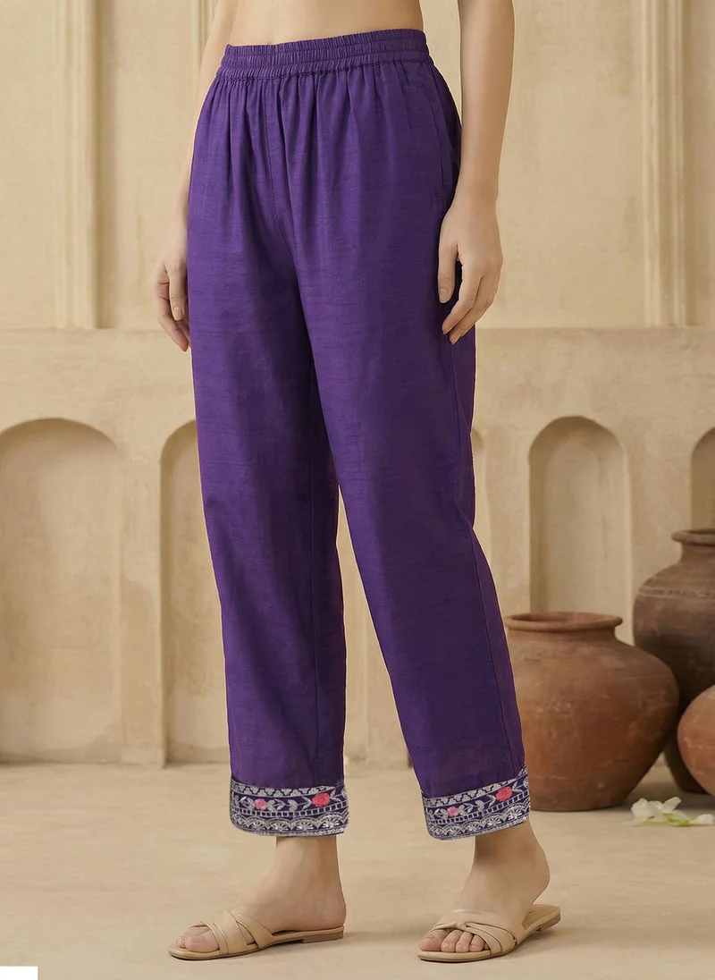 globus Purple Globus Women Purple Scalloped Round Neck Embroidered Yoke A-Line Kurta with Wide Leg Pants & Dupatta Festive Set for Women | Best Price UAE